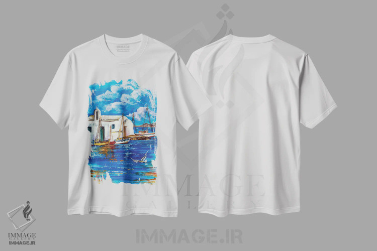 تیشرت سفید طرح دار تابستان در بندر کوچک، دکور معاصر اثر نستاسی آرت | فروشگاه ایماژ
