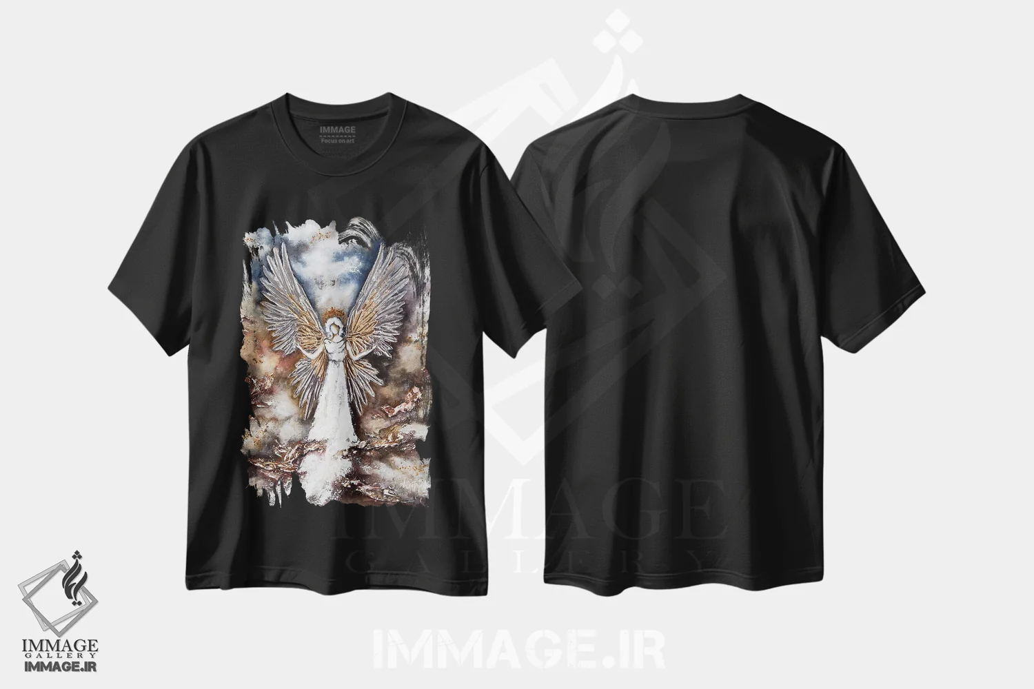 تیشرت مشکی طرح دار فرشته محافظ سفید، دکور معاصر اثر نستاسی آرت | فروشگاه ایماژ