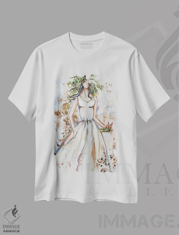 تیشرت سفید طرح دار بانویی با تاج شاخه زیتون، دکور معاصر اثر نستاسی آرت | فروشگاه ایماژ