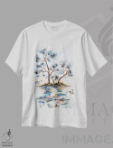 تیشرت سفید طرح دار درختان انتزاعی خاکستری-آبی، آبستره اثر نستاسی آرت | immage.ir