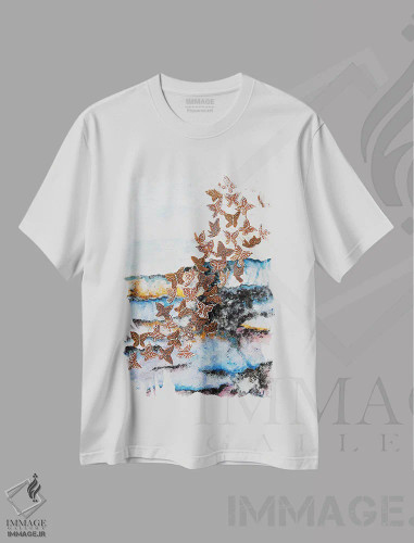 تیشرت سفید طرح دار پرواز کن، بالا پرواز کن، آبستره اثر نستاسی آرت | فروشگاه ایماژ