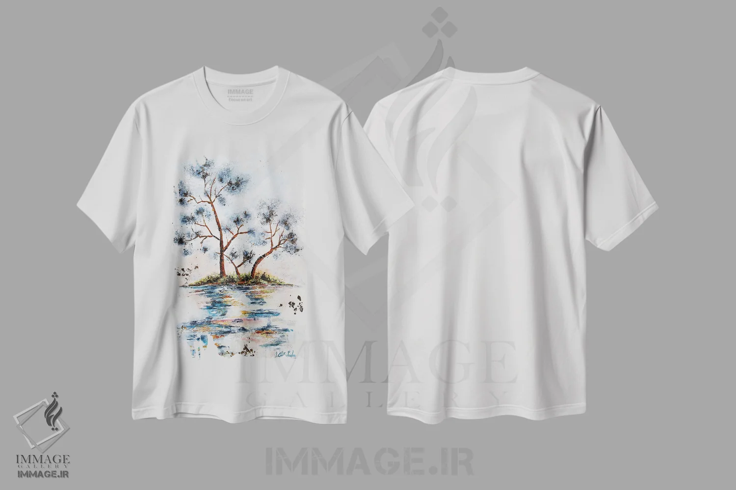 تیشرت سفید طرح دار درختان انتزاعی خاکستری-آبی، آبستره اثر نستاسی آرت | immage.ir