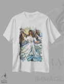 تیشرت سفید طرح دار فرشته و کبوترها، دکور معاصر اثر نستاسی آرت | فروشگاه ایماژ