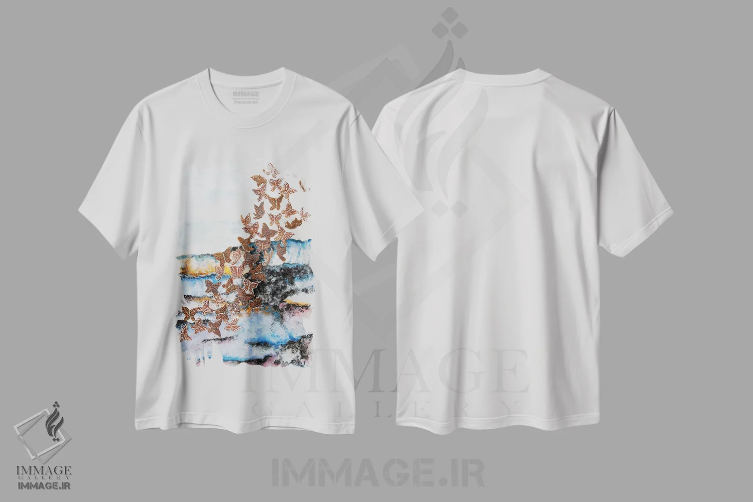 تیشرت سفید طرح دار پرواز کن، بالا پرواز کن، آبستره اثر نستاسی آرت | فروشگاه ایماژ