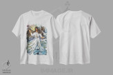 تیشرت سفید طرح دار فرشته و کبوترها، دکور معاصر اثر نستاسی آرت | فروشگاه ایماژ