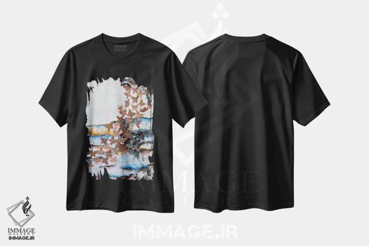 تیشرت مشکی طرح دار پرواز کن، بالا پرواز کن، آبستره اثر نستاسی آرت | immage.ir