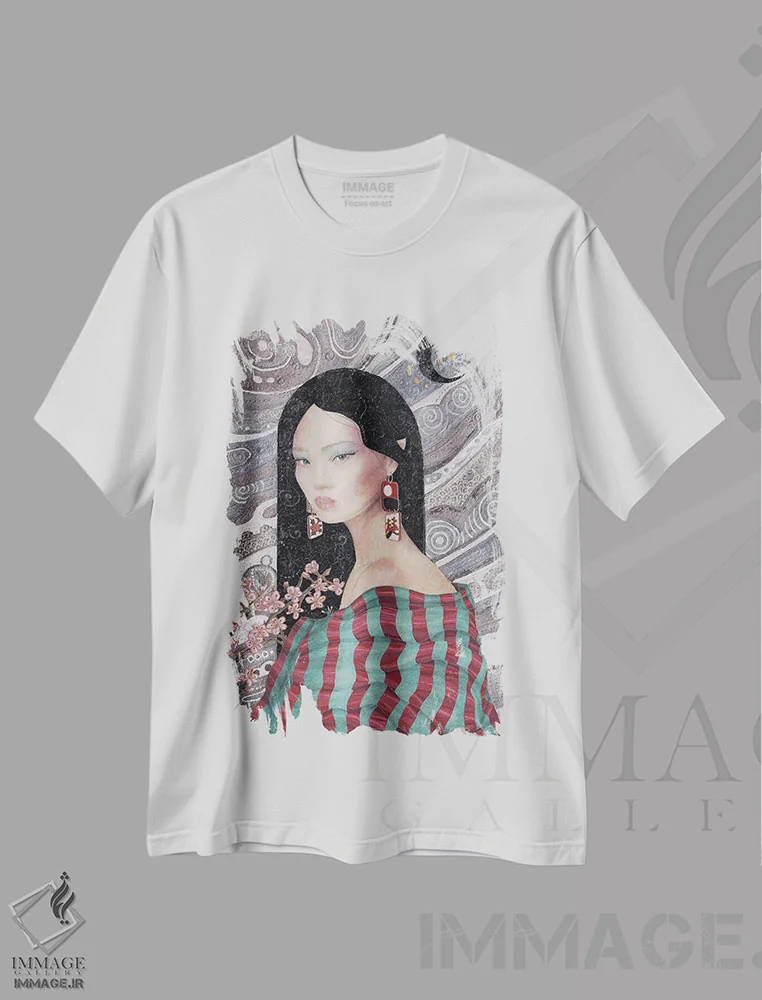 تیشرت سفید طرح دار شکوفه ها زیر امواج آسمانی، هنر فاخر معاصر اثر نیکولاس تاور | فروشگاه ایماژ