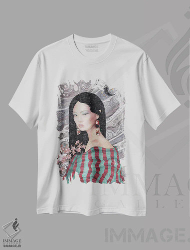 تیشرت سفید طرح دار شکوفه ها زیر امواج آسمانی، هنر فاخر معاصر اثر نیکولاس تاور | فروشگاه ایماژ