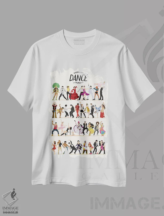 تیشرت سفید طرح دار رقص، تایپوگرافی اثر نور طُحمه | فروشگاه ایماژ