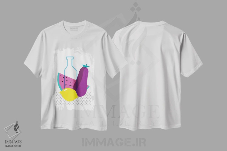 تیشرت سفید طرح دار هندوانه، لیمو و بادمجان، هنر فاخر معاصر اثر نووو پرینتس | فروشگاه ایماژ