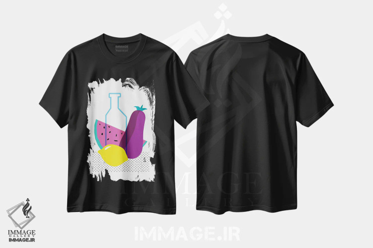 تیشرت مشکی طرح دار هندوانه، لیمو و بادمجان، هنر فاخر معاصر اثر نووو پرینتس | immage.ir
