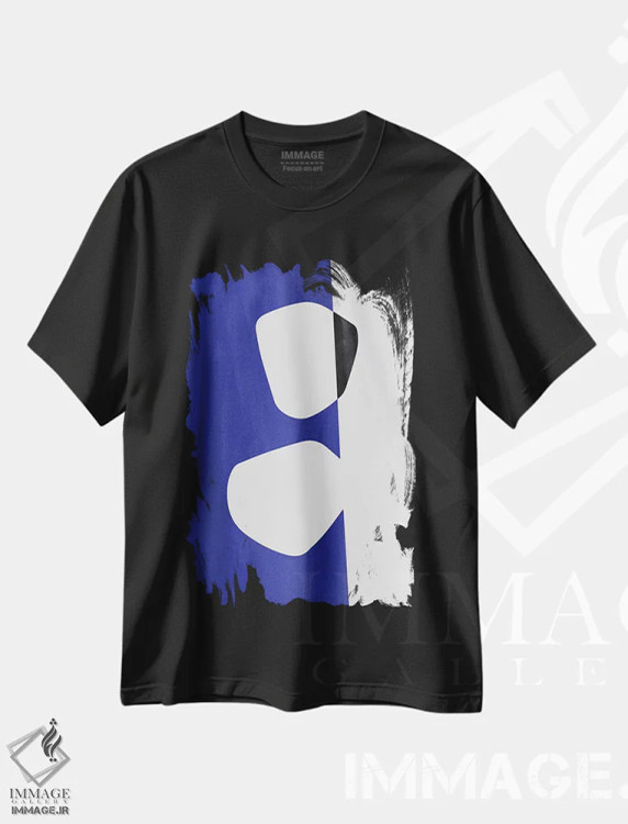 تیشرت مشکی طرح دار انتزاع در رنگ های مشکی و آبی دوم اثر نووو پرینتس | فروشگاه ایماژ
