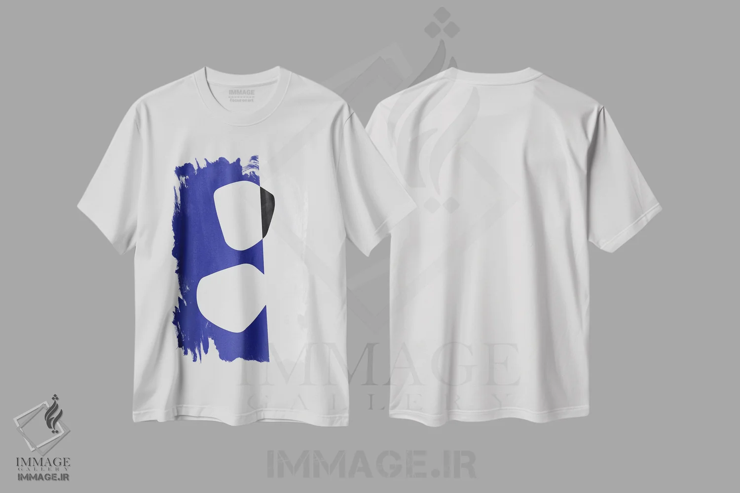 تیشرت سفید طرح دار انتزاع در رنگ های مشکی و آبی دوم اثر نووو پرینتس | immage.ir