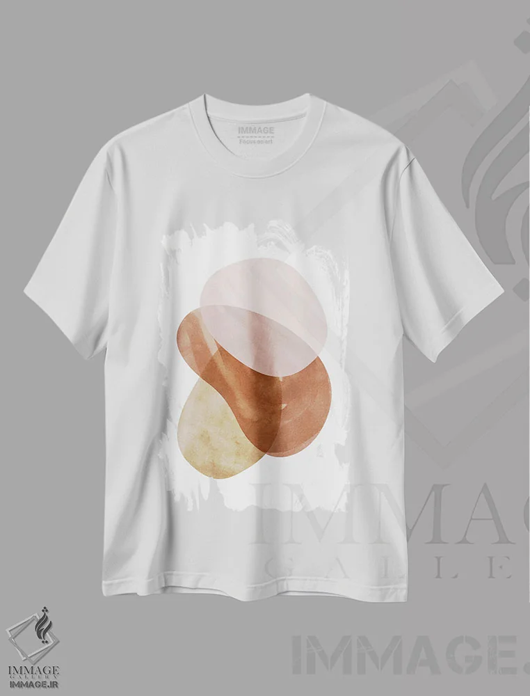 تیشرت سفید طرح دار انتزاع با رنگ های گرم دوم اثر نووو پرینتس | immage.ir