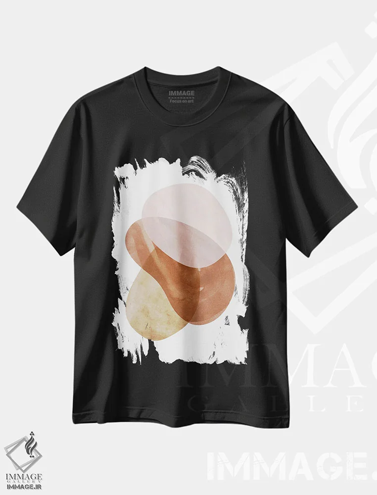 تیشرت مشکی طرح دار انتزاع با رنگ های گرم دوم اثر نووو پرینتس | فروشگاه ایماژ