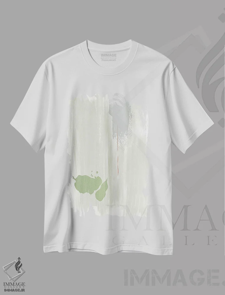 تیشرت سفید طرح دار نقاشی انتزاعی زیتونی رنگ اثر نووو پرینتس | immage.ir