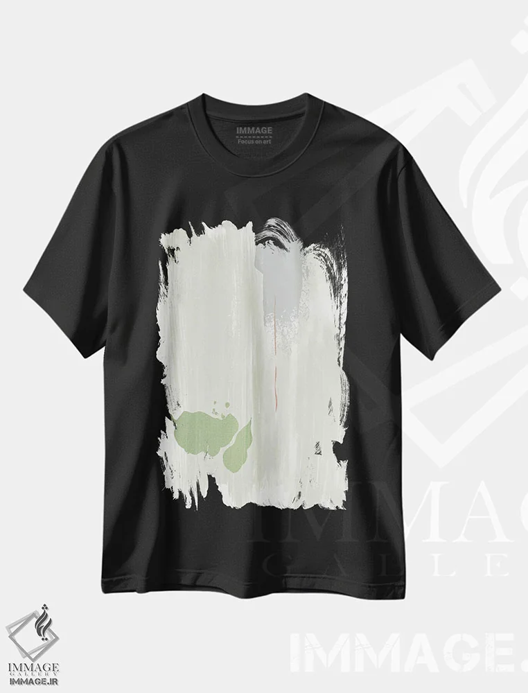 تیشرت مشکی طرح دار نقاشی انتزاعی زیتونی رنگ اثر نووو پرینتس | فروشگاه ایماژ