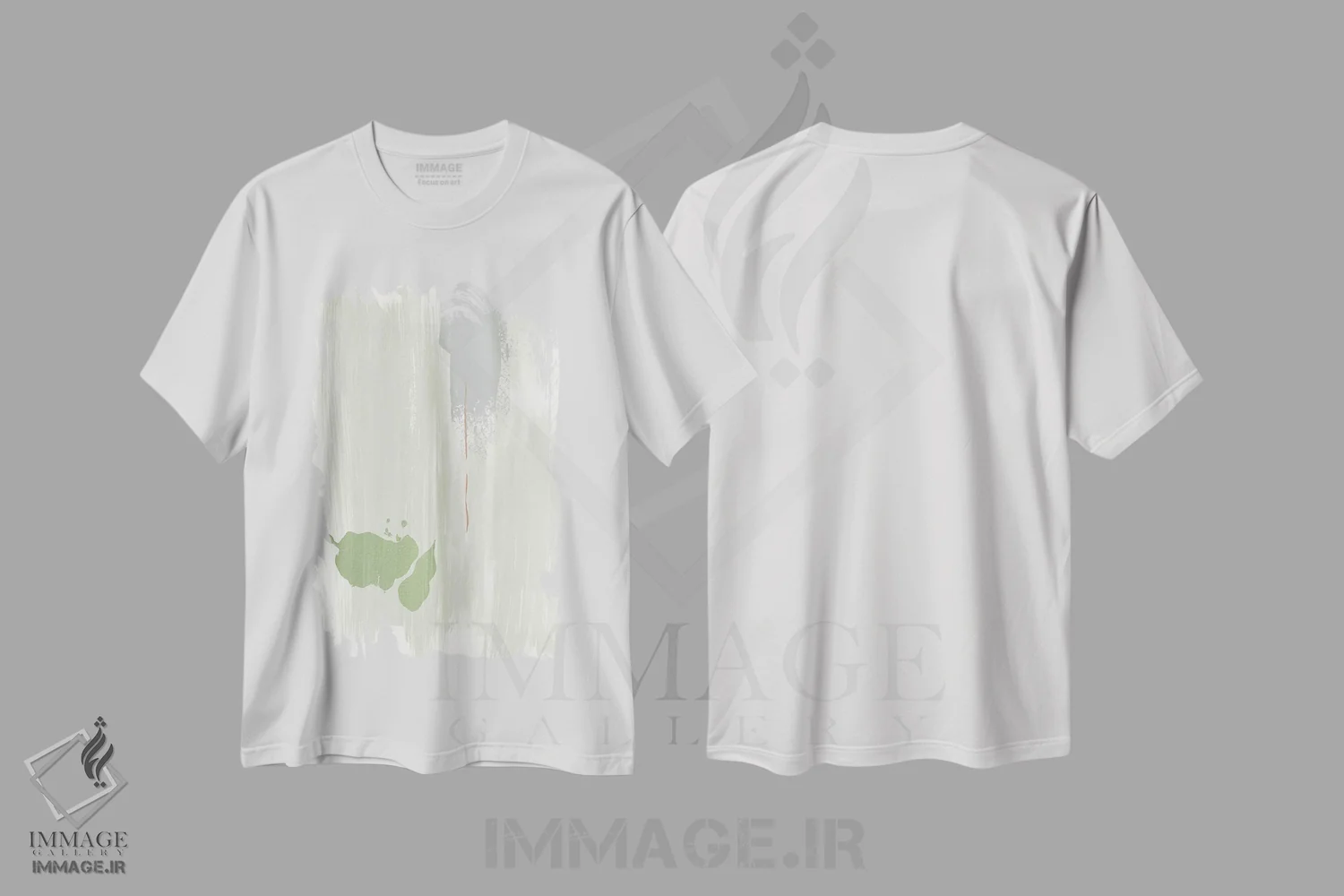 تیشرت سفید طرح دار نقاشی انتزاعی زیتونی رنگ اثر نووو پرینتس | immage.ir