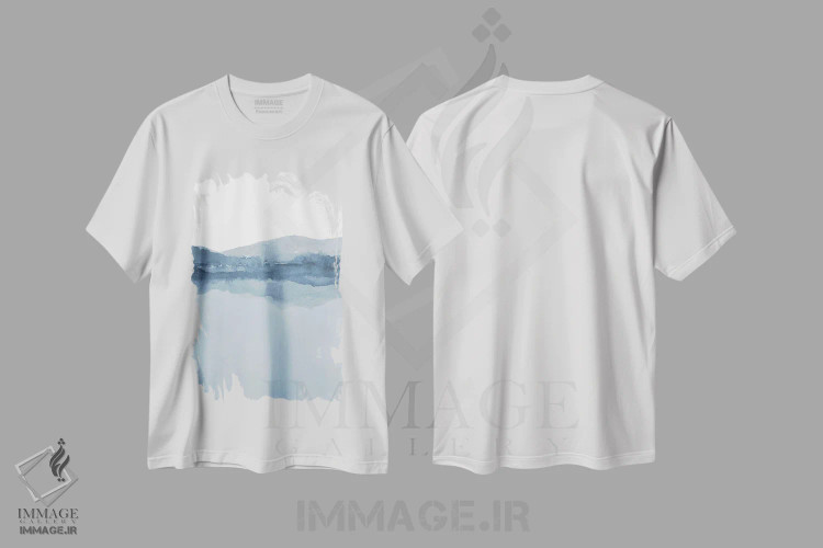 تیشرت سفید طرح دار منظره آبرنگی سوم با طیف های آبی اثر نووو پرینتس | فروشگاه ایماژ