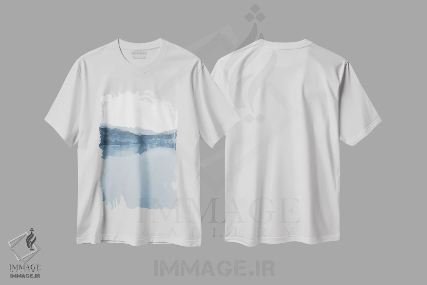 تیشرت سفید طرح دار منظره آبرنگی سوم با طیف های آبی اثر نووو پرینتس | immage.ir