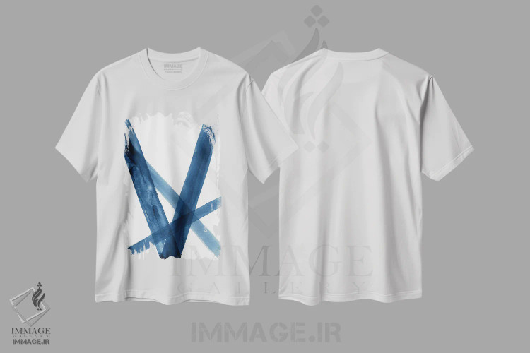 تیشرت سفید طرح دار خطوط آبرنگی آبی هفت اثر نووو پرینتس | immage.ir