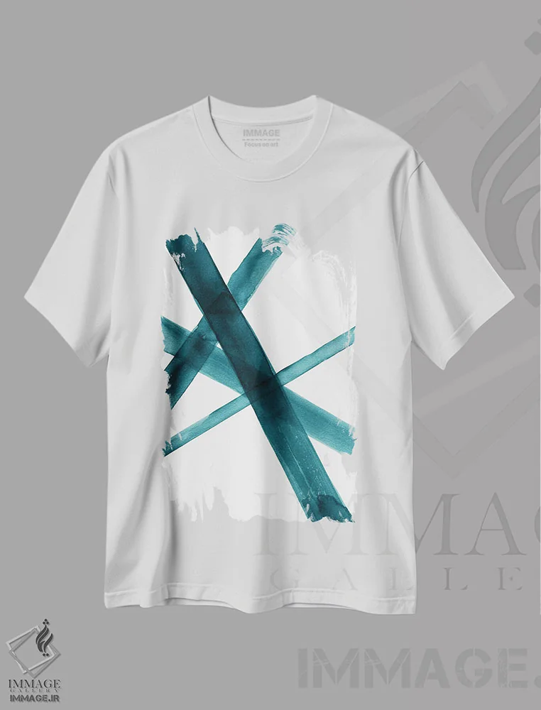 تیشرت سفید طرح دار خطوط آبرنگی یک مشکی و سبزآبی اثر نووو پرینتس | immage.ir