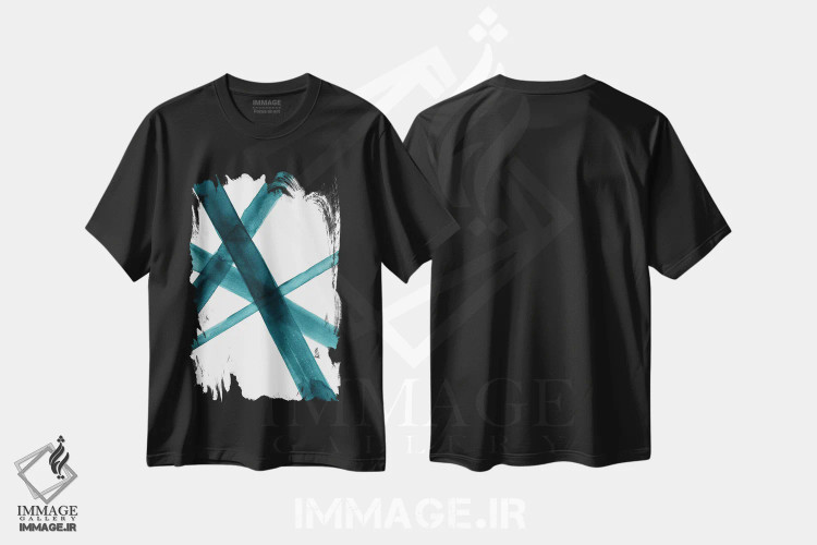تیشرت مشکی طرح دار خطوط آبرنگی یک مشکی و سبزآبی اثر نووو پرینتس | فروشگاه ایماژ
