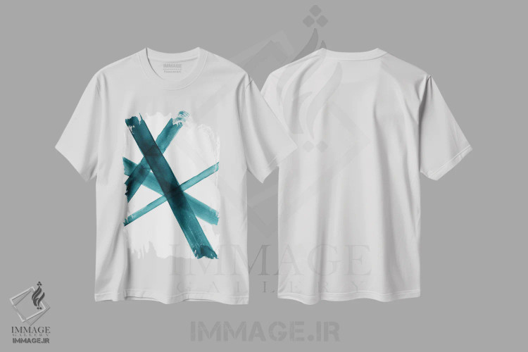 تیشرت سفید طرح دار خطوط آبرنگی یک مشکی و سبزآبی اثر نووو پرینتس | immage.ir