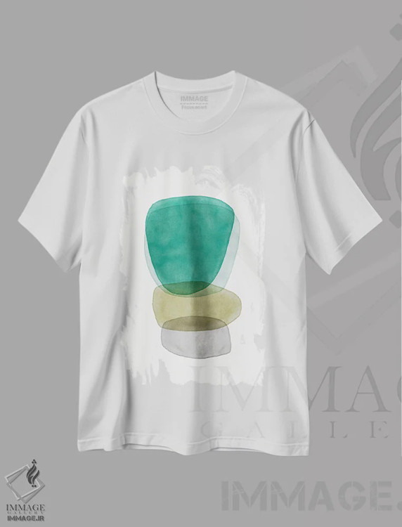 تیشرت سفید طرح دار انتزاع سبزگون اثر نووو پرینتس | فروشگاه ایماژ