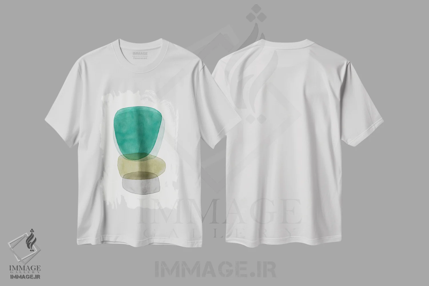 تیشرت سفید طرح دار انتزاع سبزگون اثر نووو پرینتس | فروشگاه ایماژ
