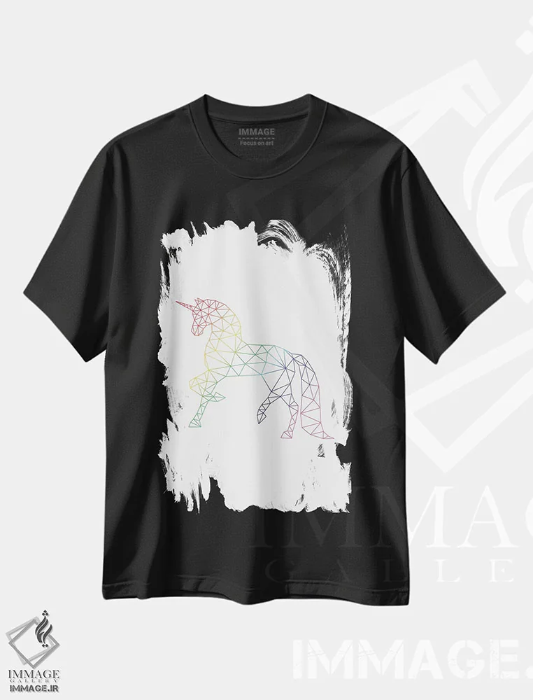 تیشرت مشکی طرح دار تک شاخ رنگین کمانی، آبستره اثر نووو پرینتس | فروشگاه ایماژ