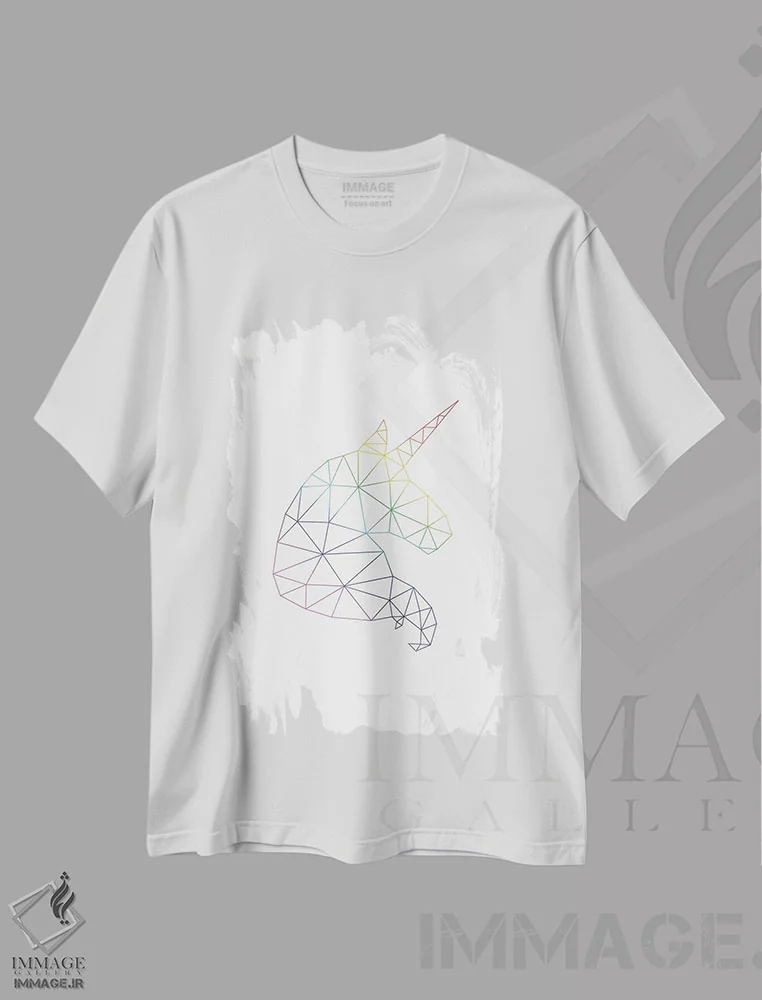 تیشرت سفید طرح دار پرترهٔ تک شاخ رنگین کمانی، آبستره اثر نووو پرینتس | فروشگاه ایماژ