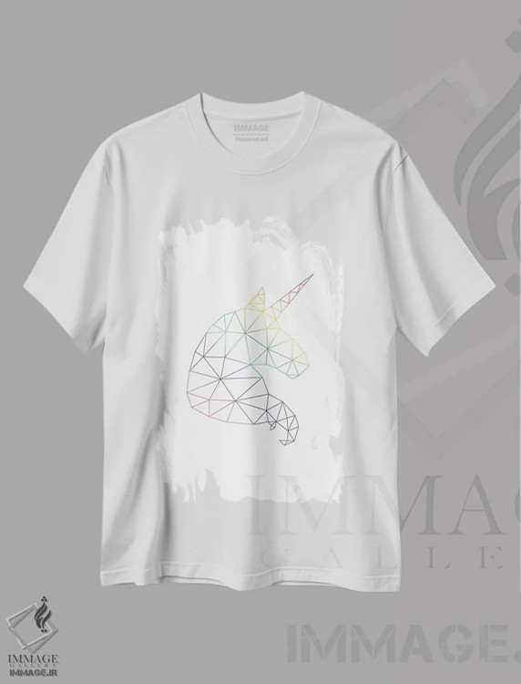 تیشرت سفید طرح دار پرترهٔ تک شاخ رنگین کمانی، آبستره اثر نووو پرینتس | فروشگاه ایماژ