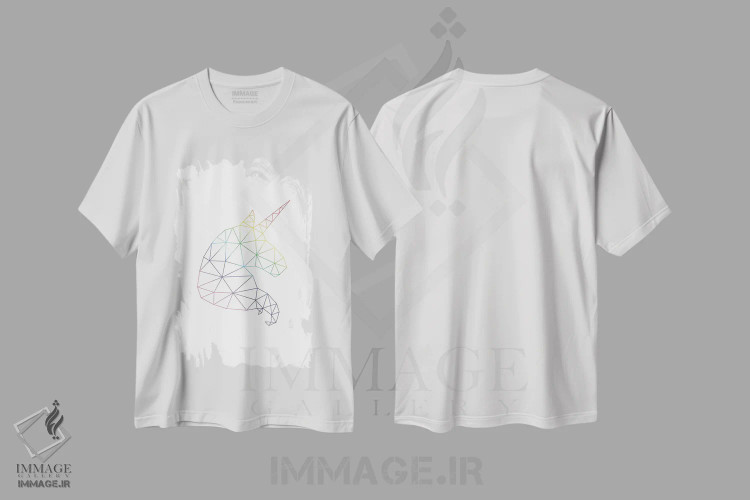 تیشرت سفید طرح دار پرترهٔ تک شاخ رنگین کمانی، آبستره اثر نووو پرینتس | فروشگاه ایماژ