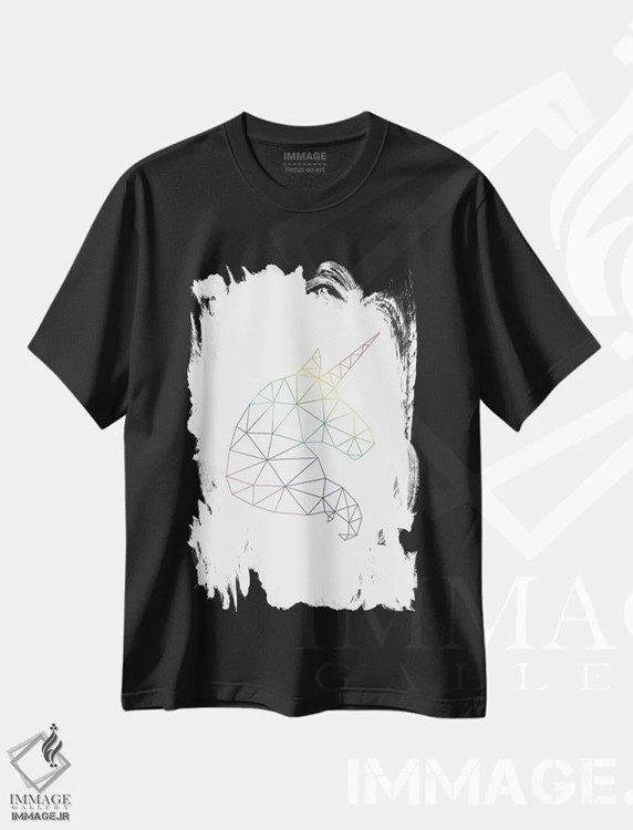 تیشرت مشکی طرح دار پرترهٔ تک شاخ رنگین کمانی، آبستره اثر نووو پرینتس | immage.ir