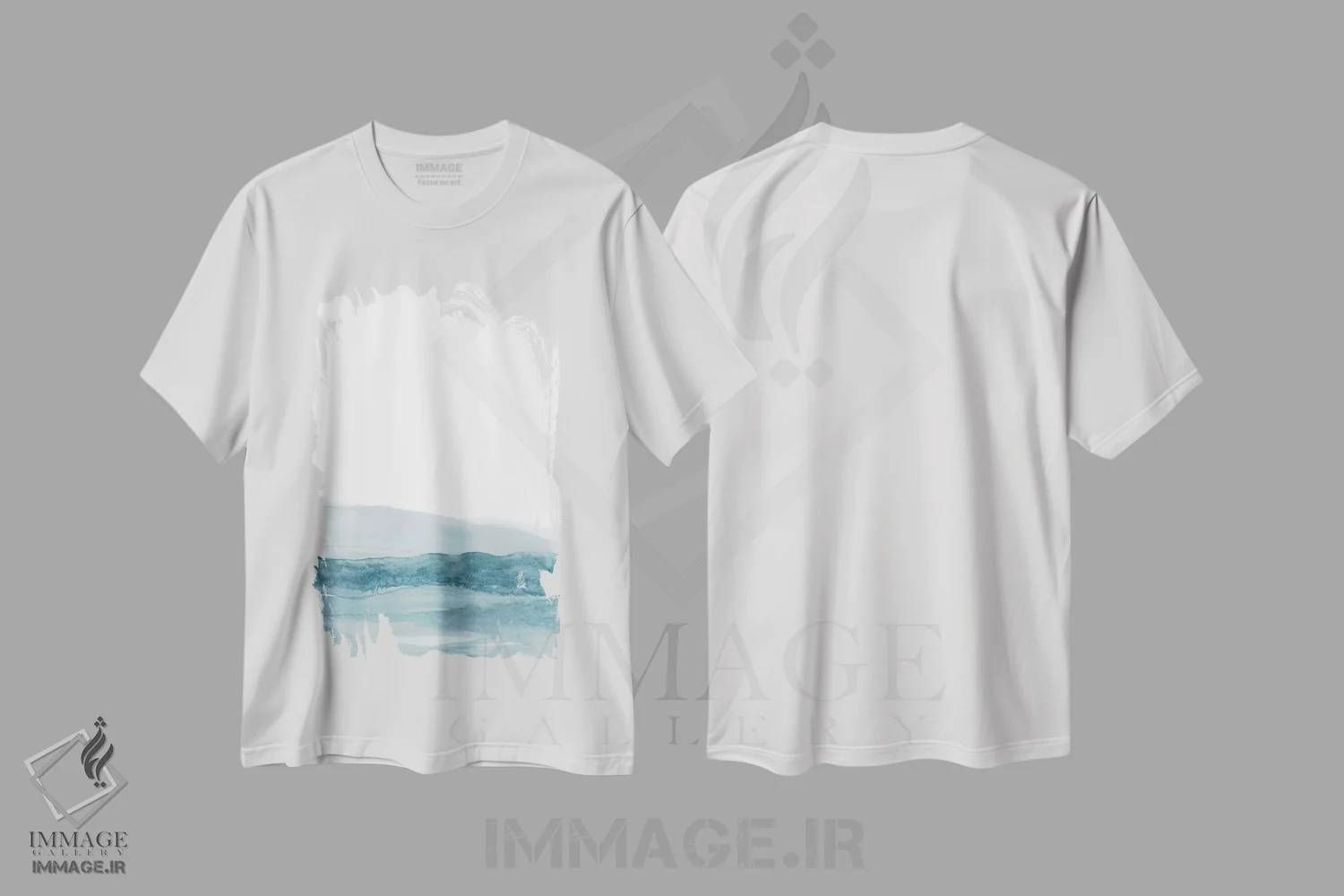 تیشرت سفید طرح دار منظرهٔ آبرنگ ۱ با سبزآبی، آبستره اثر نووو پرینتس | فروشگاه ایماژ