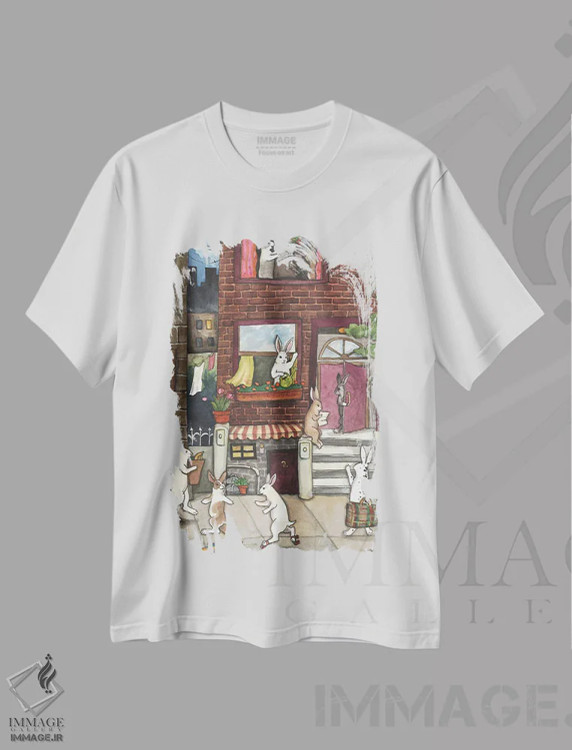 تیشرت سفید طرح دار خرگوش های شهری، مدیوم اثر نکیشا واندرووِن | فروشگاه ایماژ