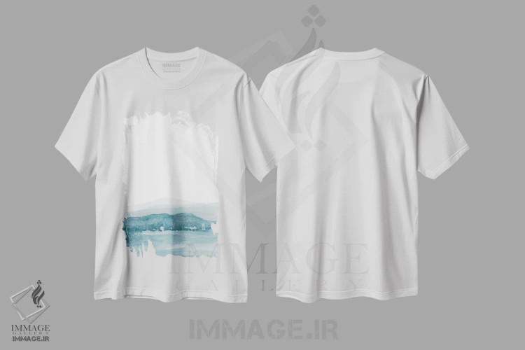 تیشرت سفید طرح دار منظرهٔ آبرنگ ۲ با سبزآبی، آبستره اثر نووو پرینتس | immage.ir
