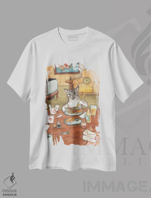 تیشرت سفید طرح دار بچه گربه و غذای بیرون بر، مدیوم اثر نکیشا واندرووِن | immage.ir