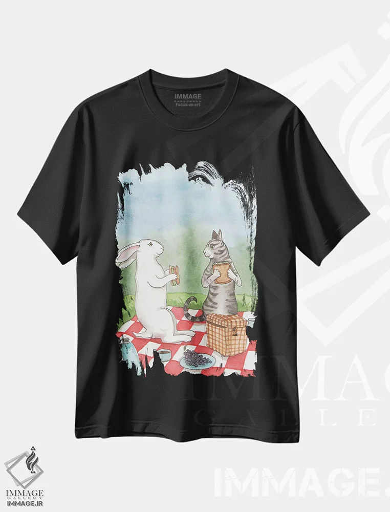 تیشرت مشکی طرح دار پیک نیک با گربه، مدیوم اثر نکیشا واندرووِن | فروشگاه ایماژ