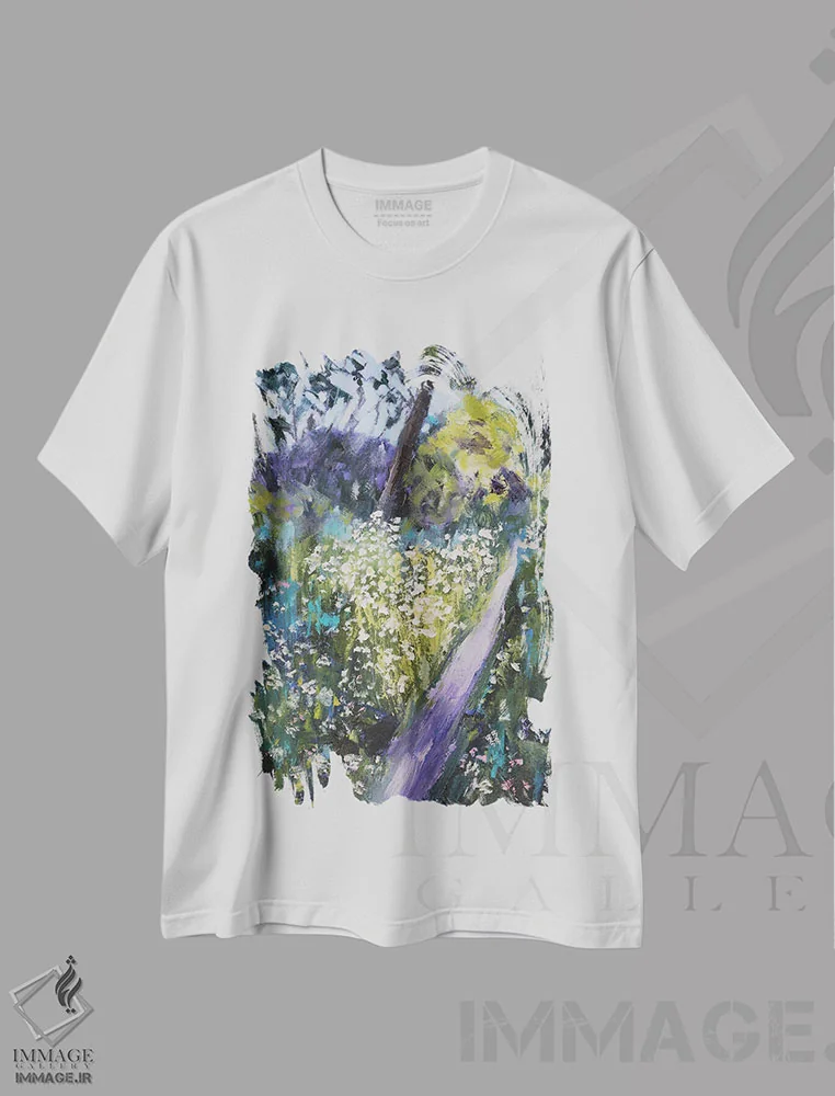 تیشرت سفید طرح دار مسیر بهاری، دکور معاصر اثر نیکی ویلر | فروشگاه ایماژ