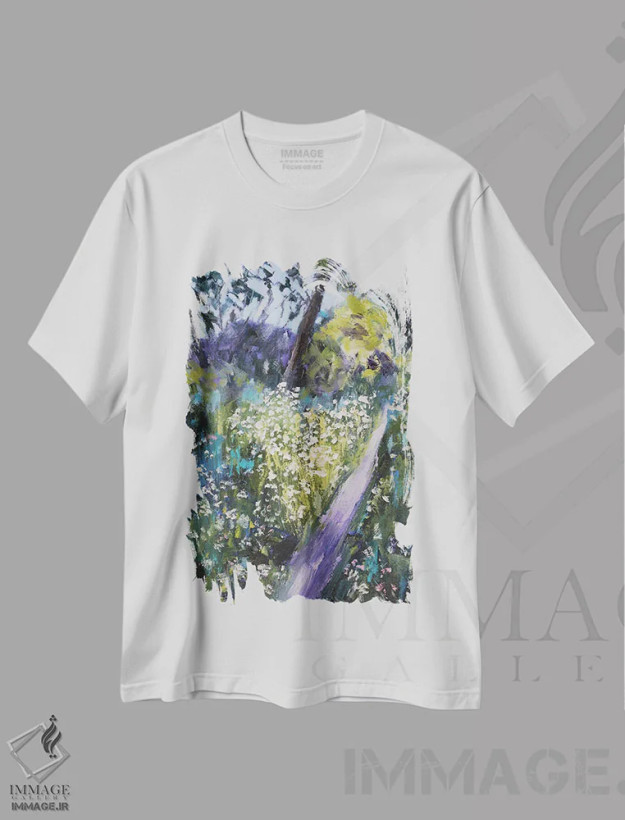تیشرت سفید طرح دار مسیر بهاری، دکور معاصر اثر نیکی ویلر | فروشگاه ایماژ
