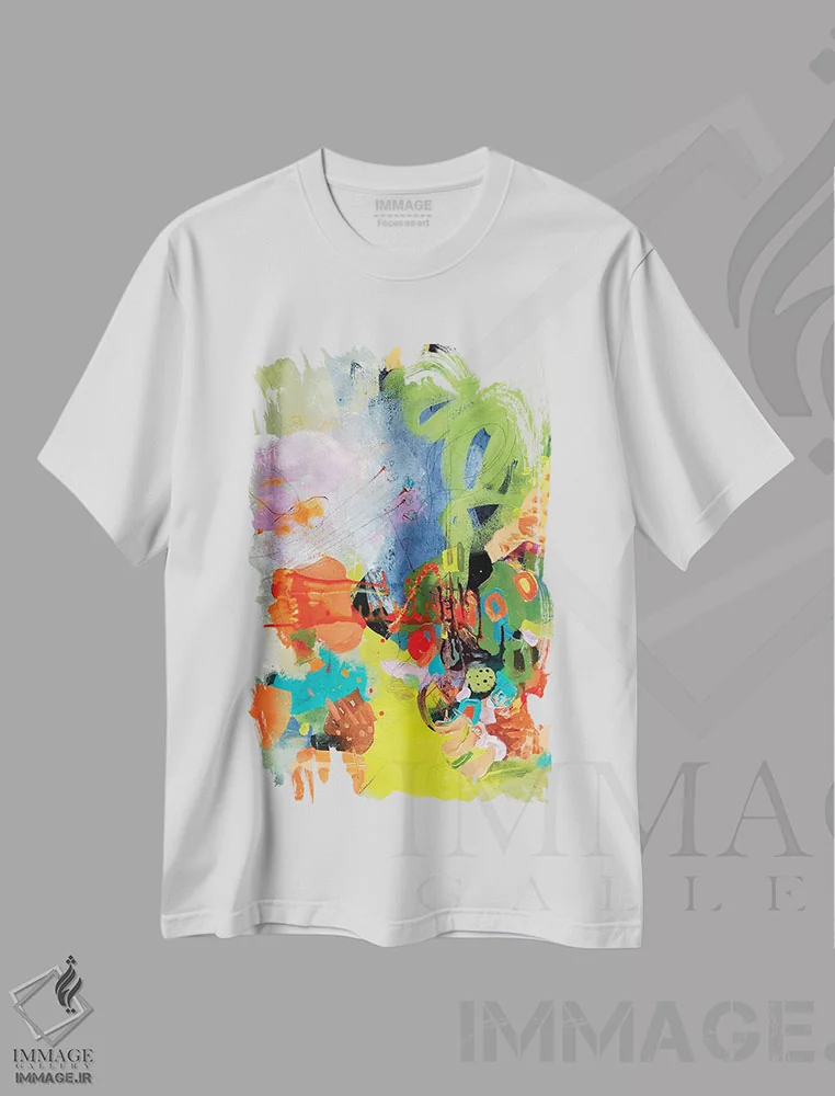 تیشرت سفید طرح دار شگفتی تابستانی، آبستره اثر نیا کریستین | فروشگاه ایماژ