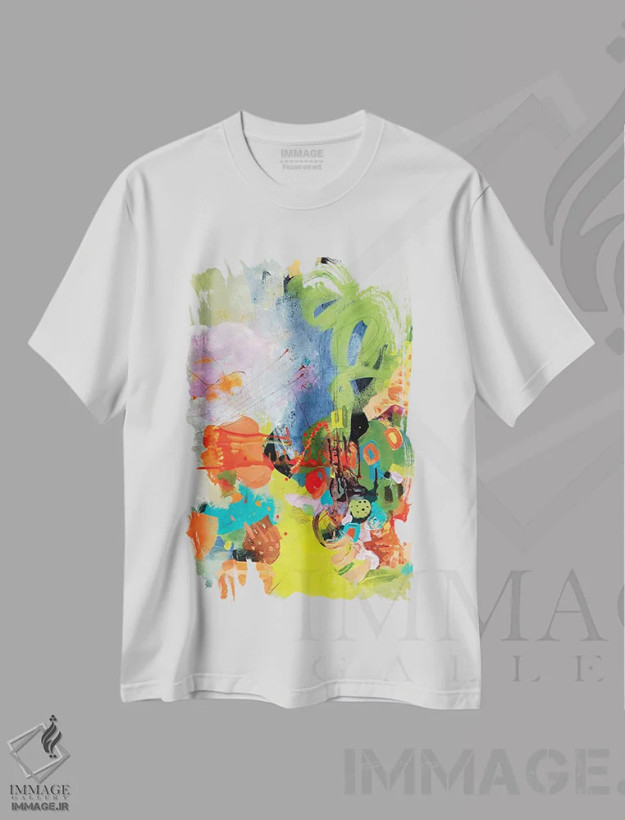 تیشرت سفید طرح دار شگفتی تابستانی، آبستره اثر نیا کریستین | فروشگاه ایماژ