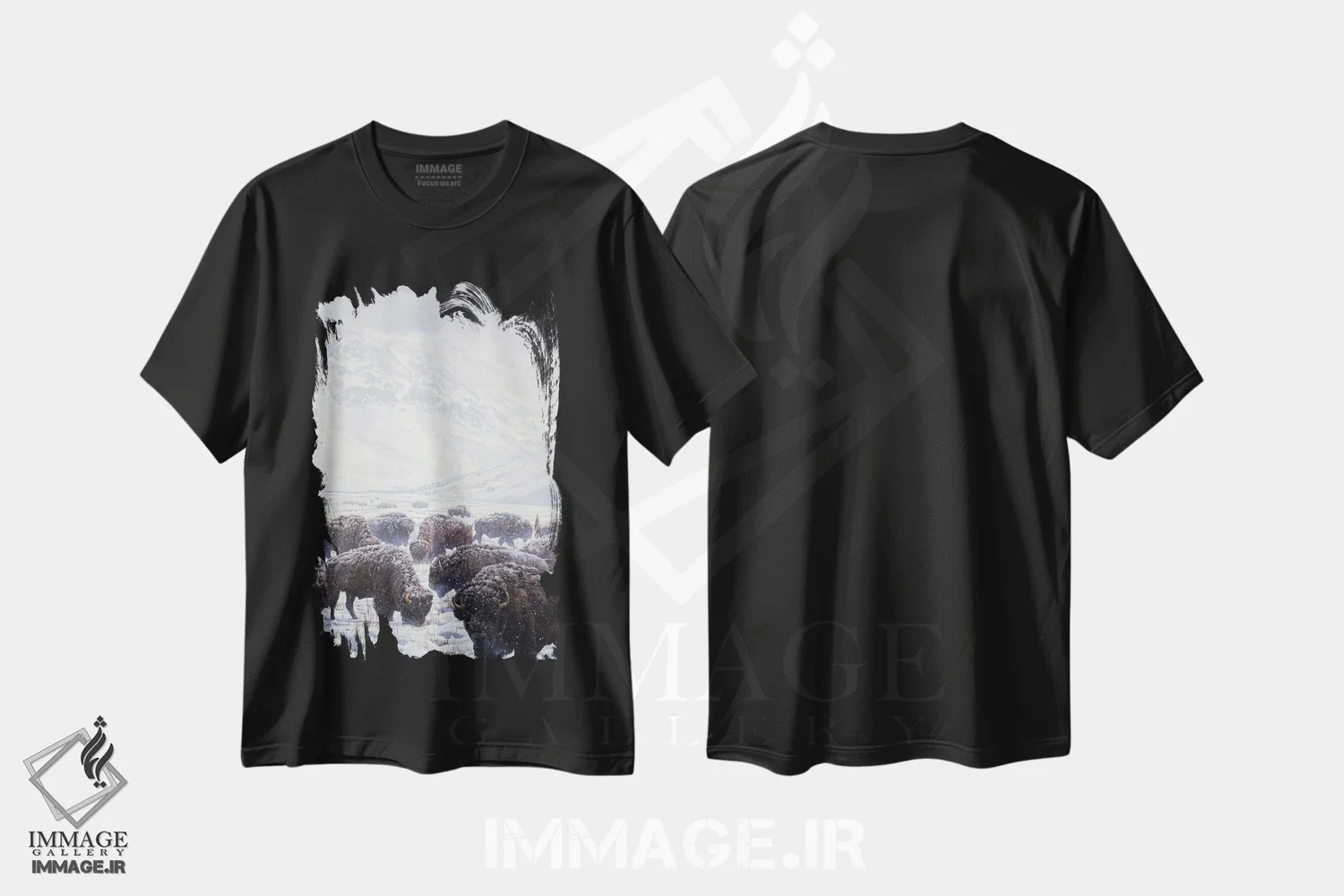 تیشرت مشکی طرح دار گاومیش علف خوار زمستانی، هنر فاخر معاصر اثر جان سیری-لستر | immage.ir
