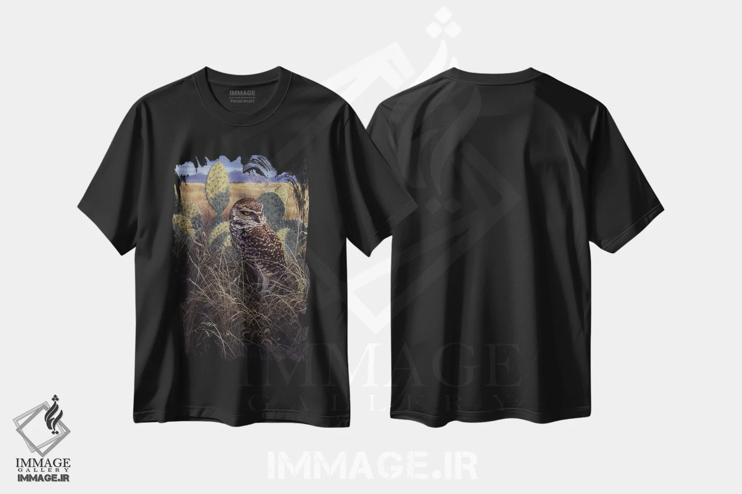 تیشرت مشکی طرح دار جغد نقب زن، هنر فاخر معاصر اثر جان سیری-لستر | فروشگاه ایماژ