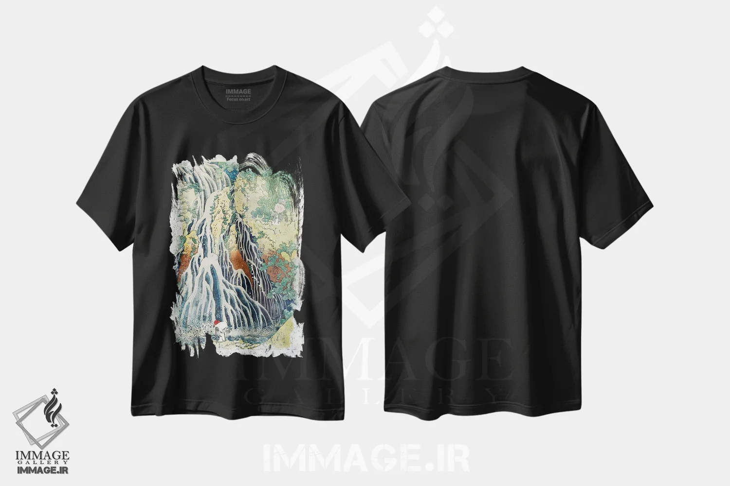 تیشرت مشکی طرح دار اسنوپی، آبشار سکا، دکور آسیایی اثر بنی آرت | immage.ir