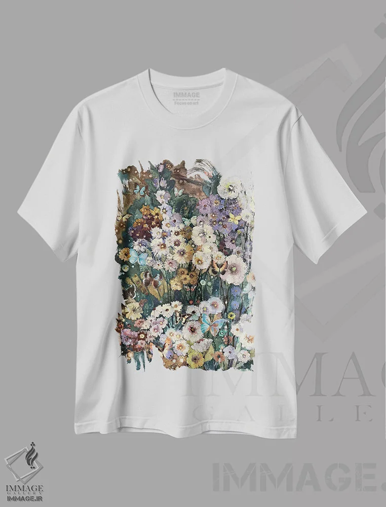 تیشرت سفید طرح دار در پرپر زدن پروانه ها، مدیوم اثر نادژدا استوپینا | فروشگاه ایماژ