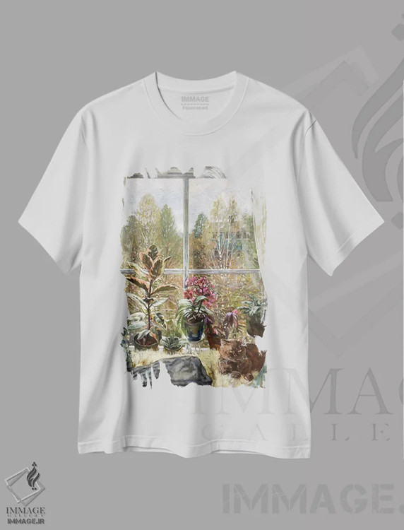 تیشرت سفید طرح دار و بیرون پنجره بهار است، مدیوم اثر نادژدا استوپینا | immage.ir