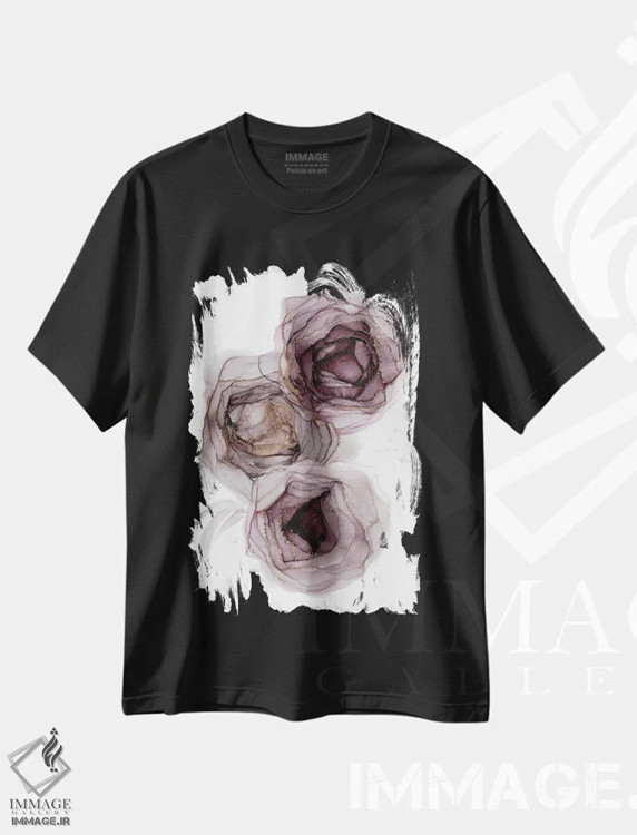 تیشرت مشکی طرح دار رزهای دودی، نقاشی با جوهر الکل اثر استودیو هنری مونه و مانه | فروشگاه ایماژ
